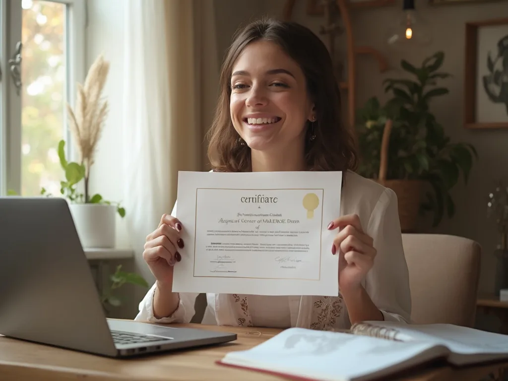 Frau hält lächelnd ein Zertifikat neben Laptop und Notizbuch