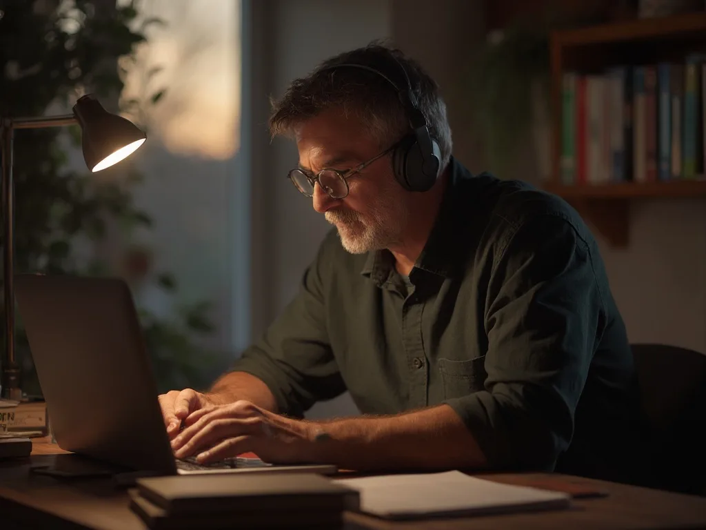Mann lernt abends mit Kopfhörern konzentriert am Laptop